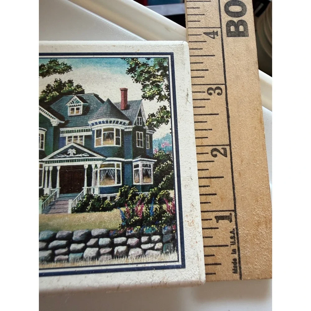 Vintage Victorian House Ceramic Tile‎ Coaster Cork Back Teal Mansion Decor 4x4